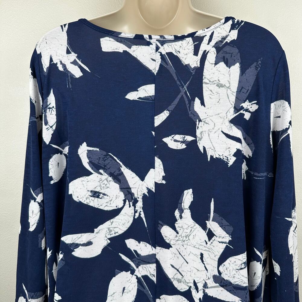 Clara Sun Woo Tunic Top Blouse Knit Floral Asymmetric Navy White Medium - Picture 5 of 8